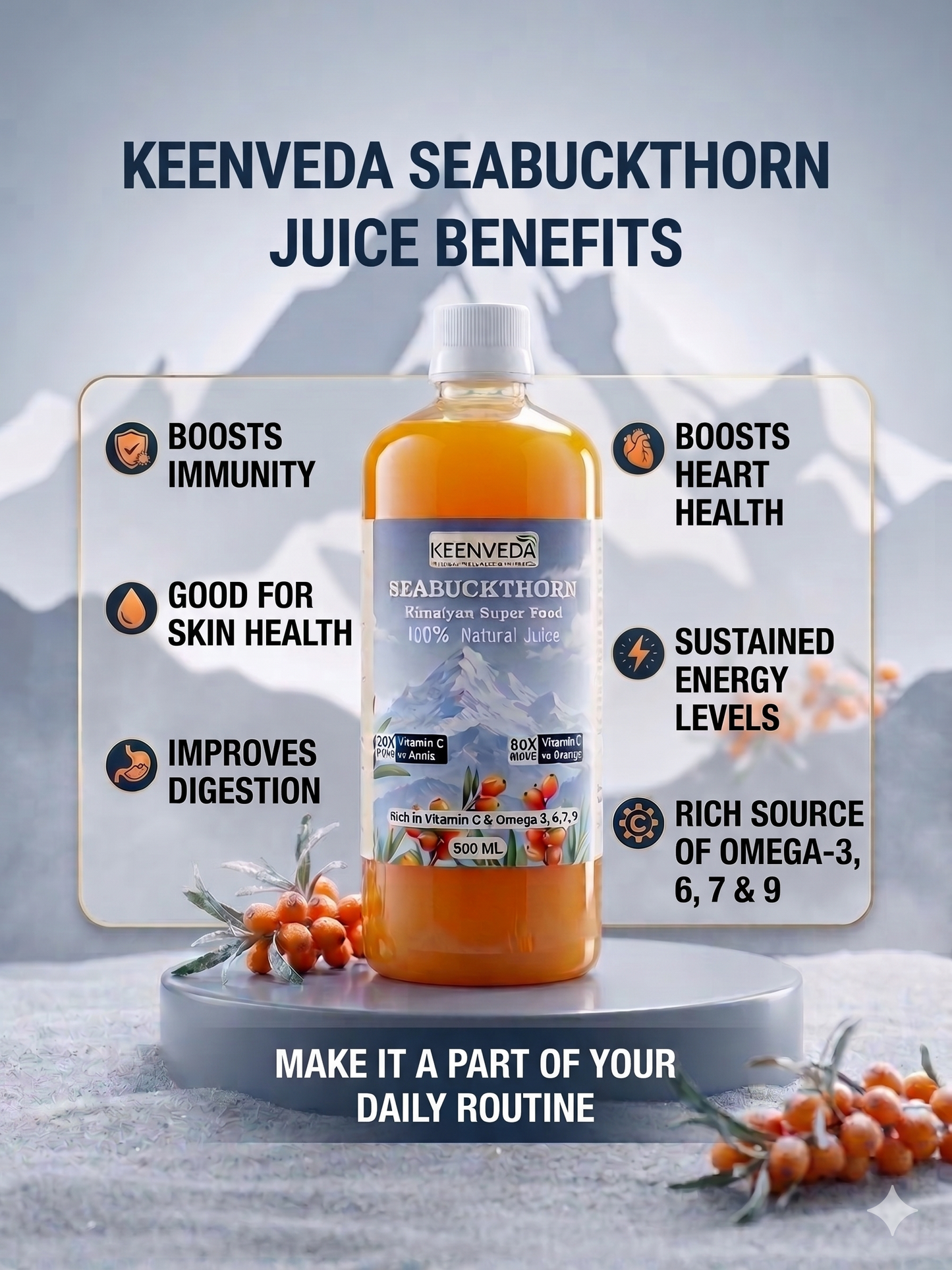 KeenVeda Sea Buckthorn Juice 1 Litre – 99% Pure Himalayan Berry | Rich in Vitamin C, Omega 3, 6, 7 & 9
