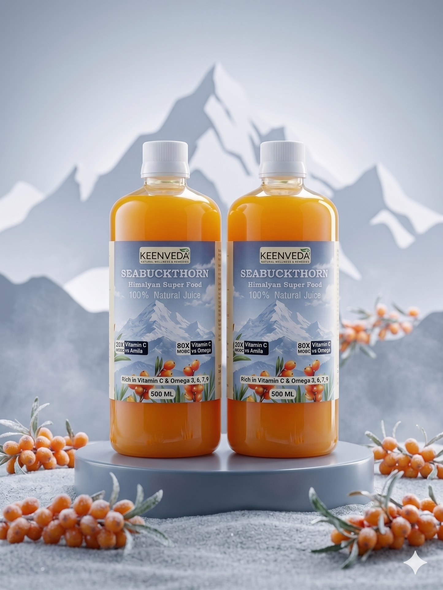 KeenVeda Sea Buckthorn Juice 1 Litre – 99% Pure Himalayan Berry | Rich in Vitamin C, Omega 3, 6, 7 & 9